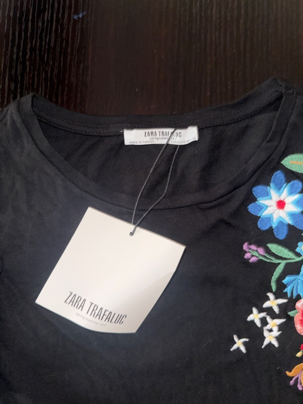 Zara Black Short-Sleeve Tee with Multicolor Floral Embroidery - Picture 3 of 5